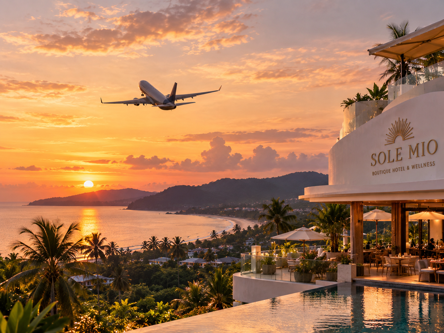 Airplane departing at sunset beside Sole Mio Hotel